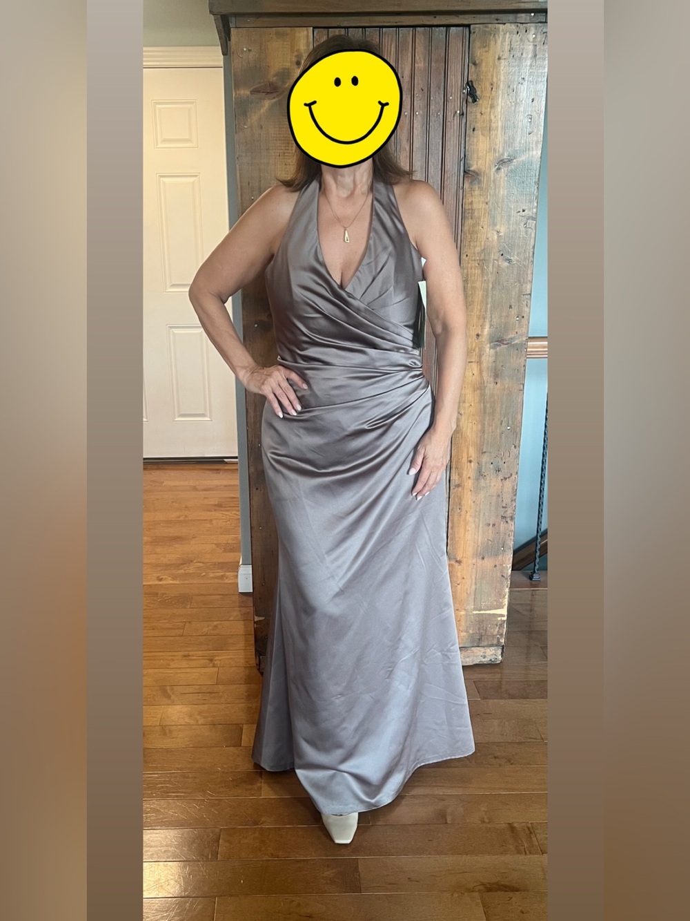 DaVinci Taupe Satin Halter Maxi Dress